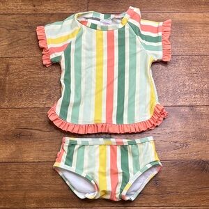 Baby Girls Ruffle Butts Two-Piece Swim Set Coral Ruffle Saltwater Stripe NWT 3-6